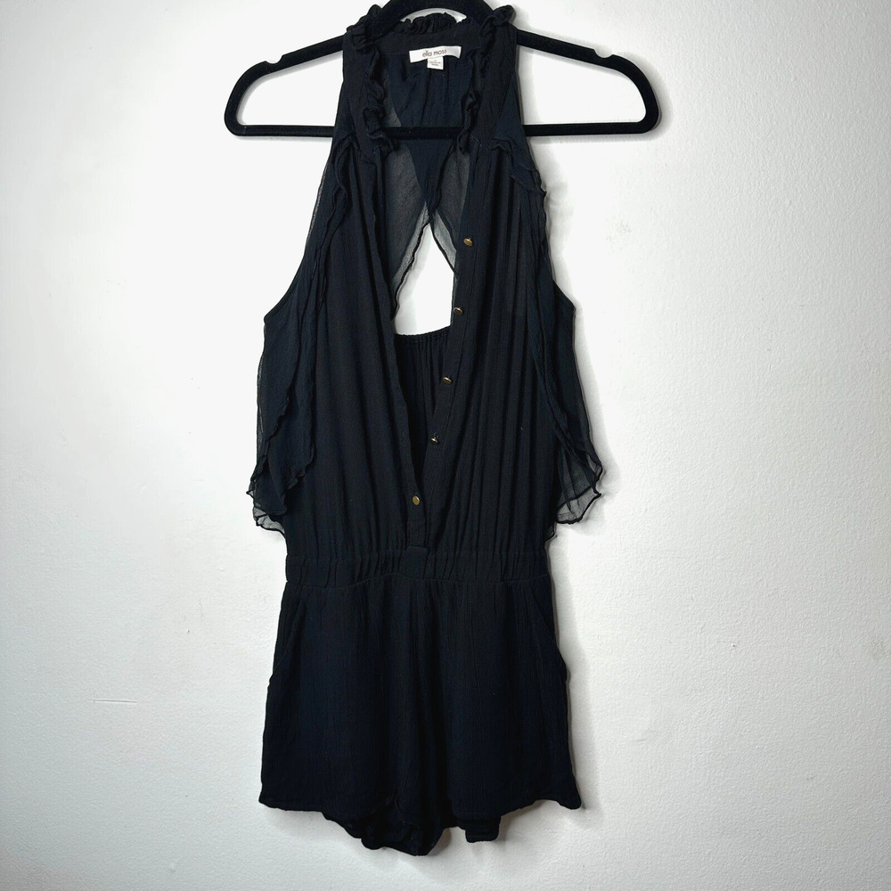 Revolve Ella Moss Black Piana Romper Tie Closure Ruffle Trim Back Cut Out S